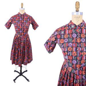 Vintage 1960s Cotton Day Dress Black Orange Floral Print Shirtdress | W 25"